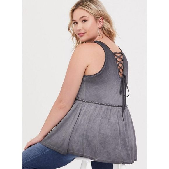 Torrid Women's Plus Sz 2 (2XL 18-20) Nine Iron Gray Lace-Up Babydoll Tank - Picture 12 of 12
